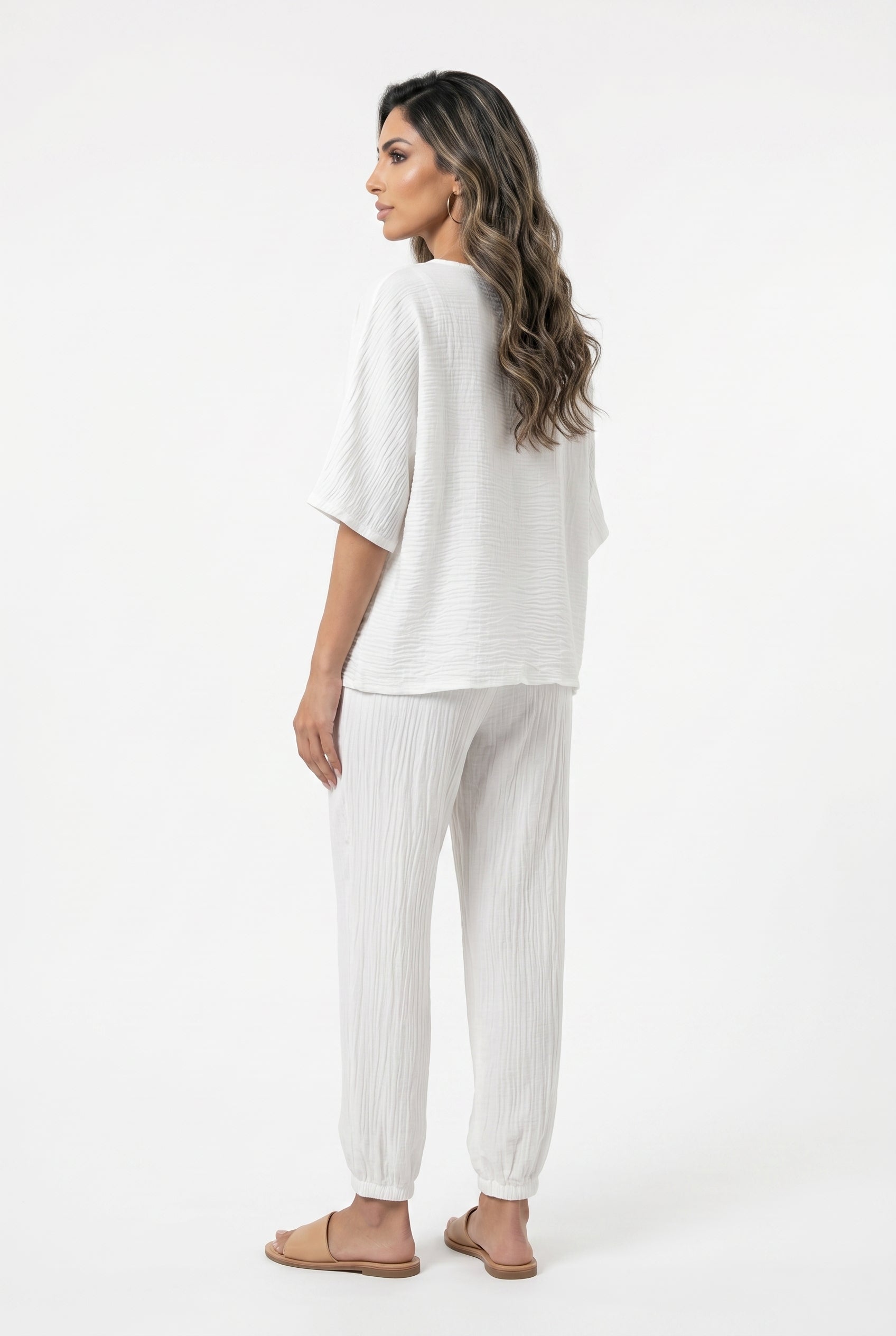 26S-1099 Crinkled Sheer Boxy Top and Pants - Brown Loft
