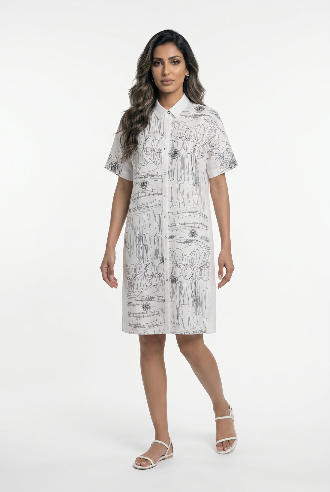 26S-3052 Scribble Print Oversized Flowy Dress - Brown Loft