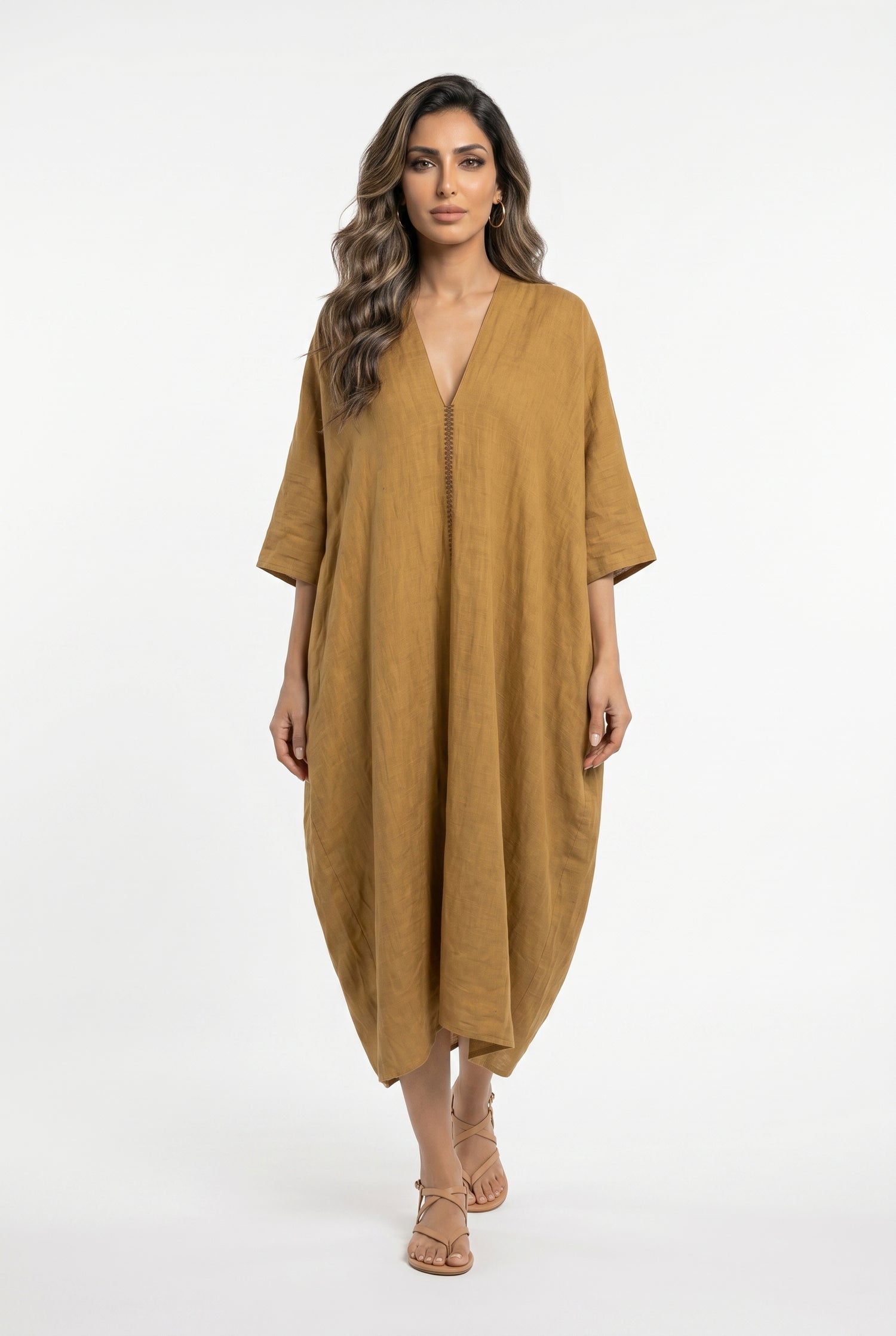 26S-3013 Oversized Linen Blend Kaftan - Brown Loft