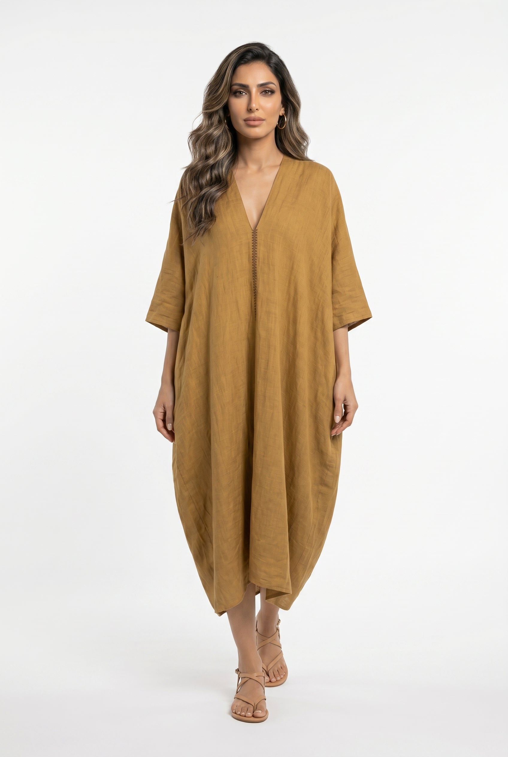 26S-3013 Oversized Linen Blend Kaftan - Brown Loft