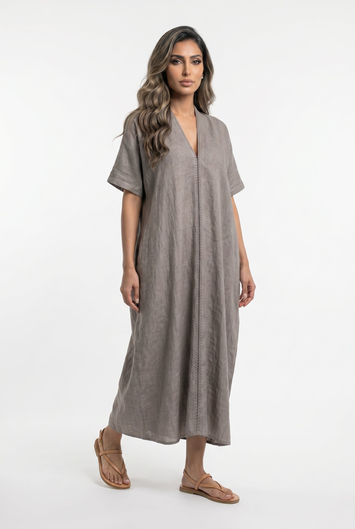 26S-3013 Oversized Linen Blend Kaftan - Brown Loft