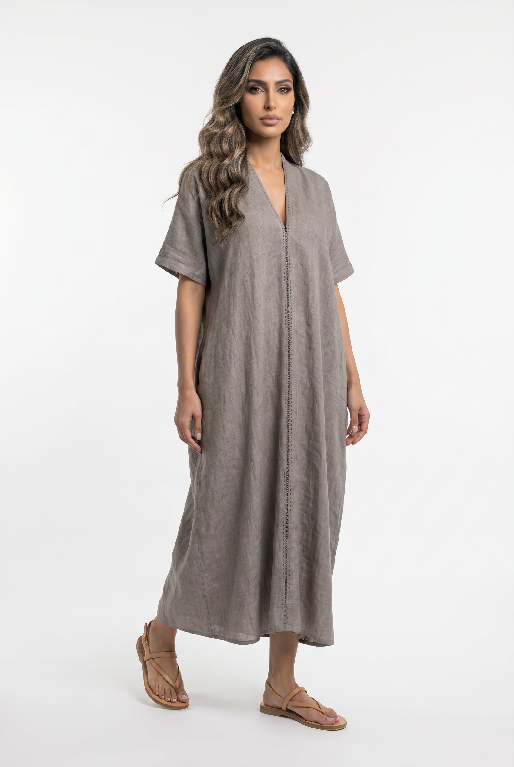 26S-3013 Oversized Linen Blend Kaftan - Brown Loft
