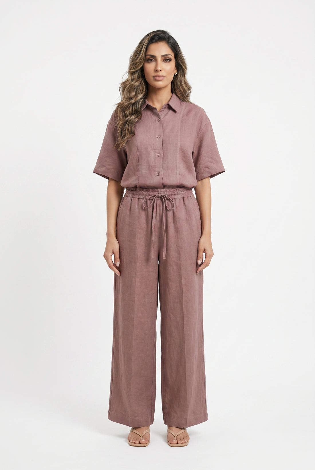 26S-1006/8010 Two Tone Linen Shirt and Pants - Brown Loft