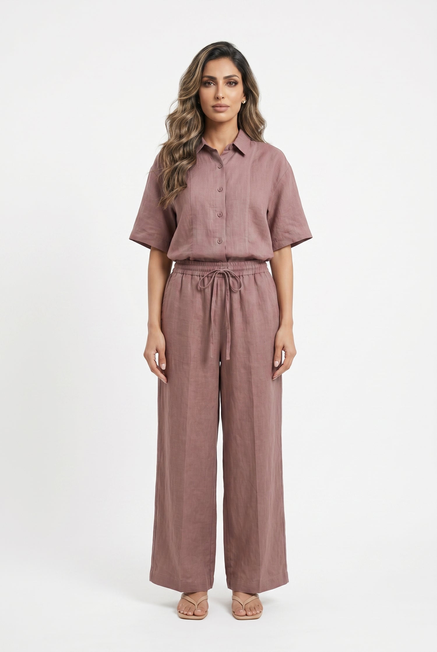 26S-1006/8010 Two Tone Linen Shirt and Pants - Brown Loft