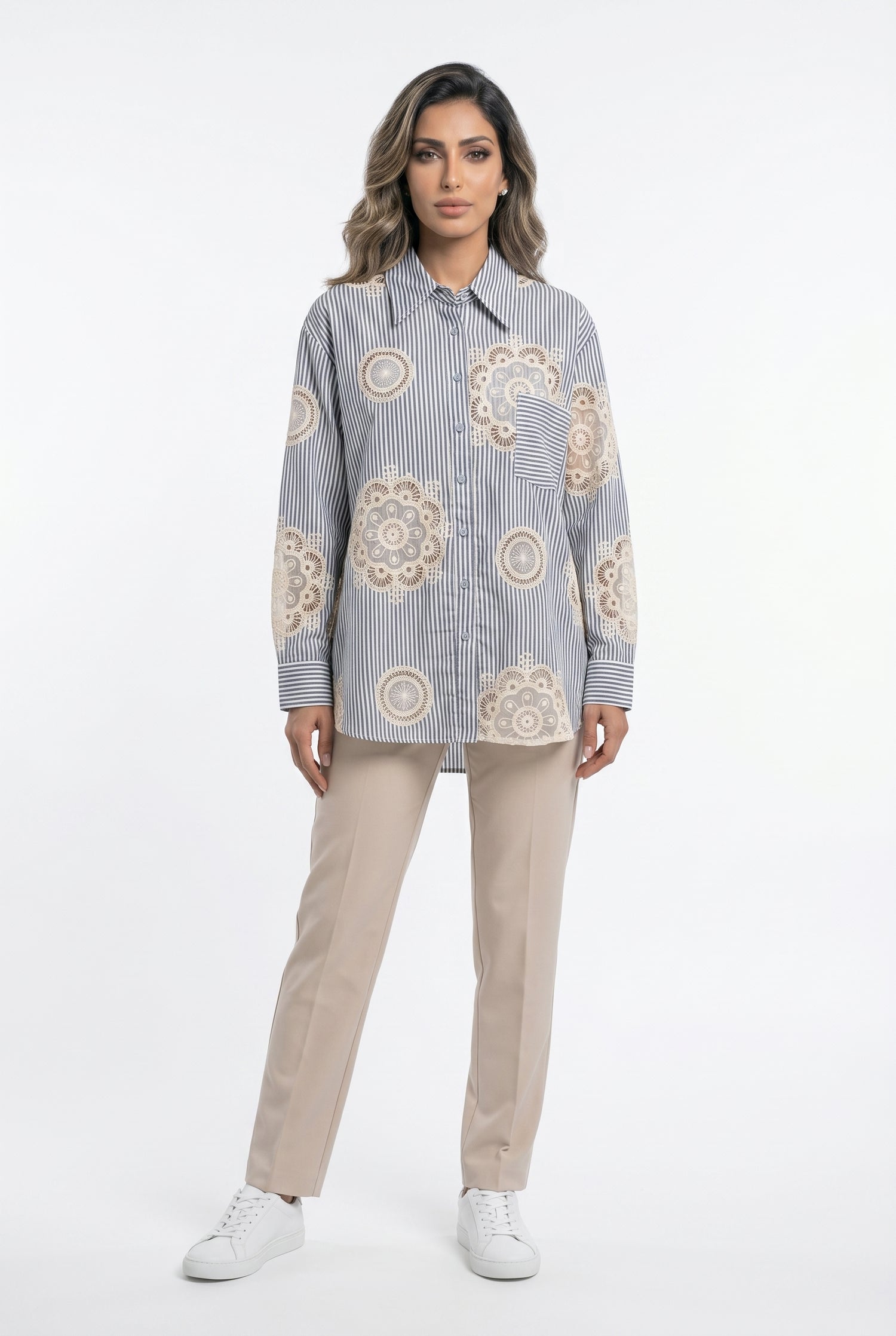 Magalie Pinstriped Crochet Shirt
