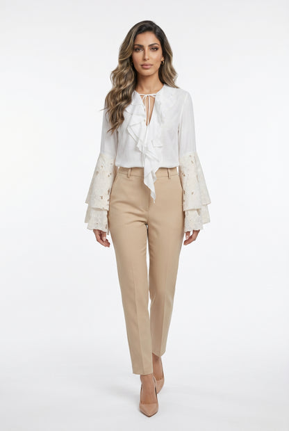 BCR02625 V Neck Ruffled Front Top - Brown Loft