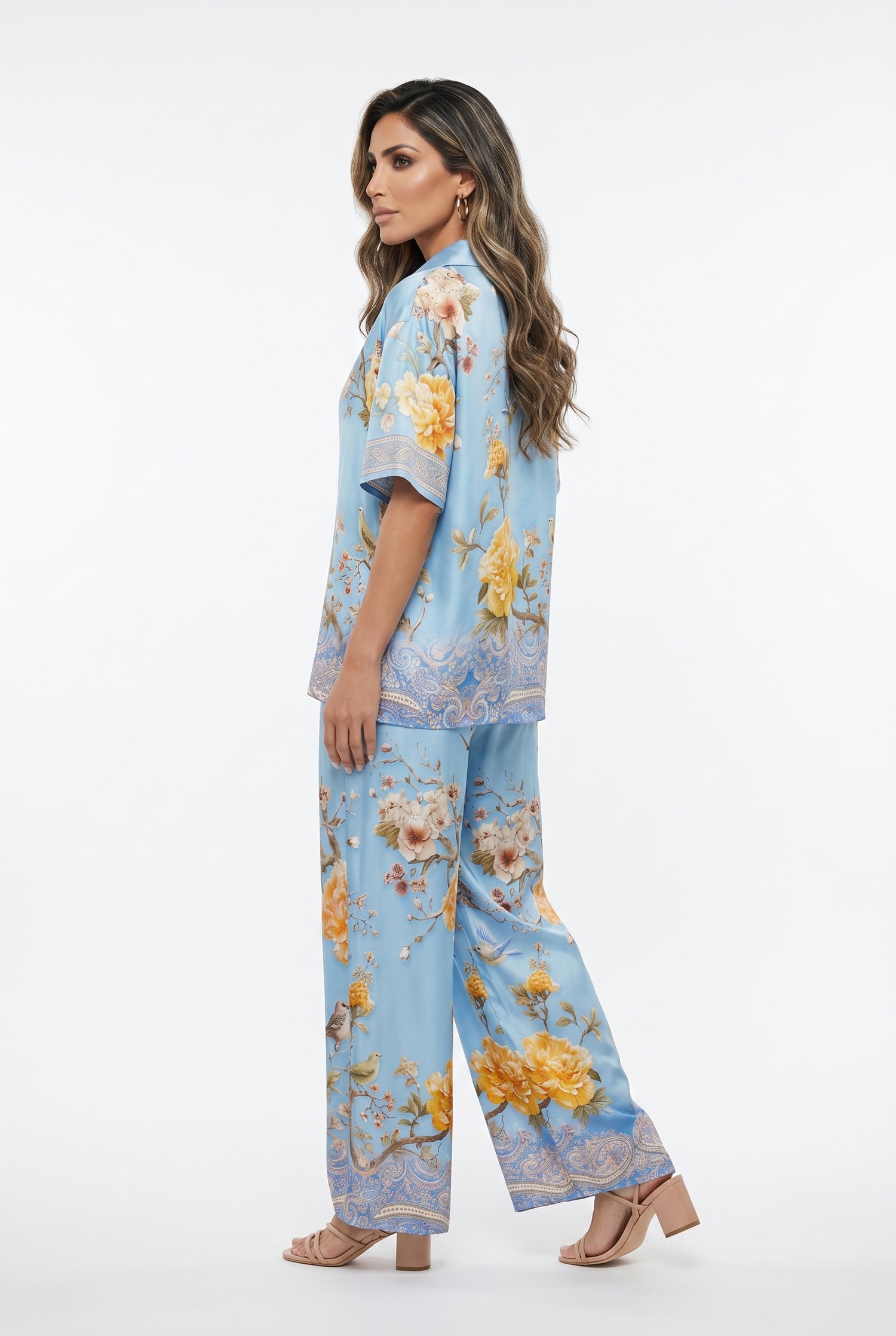 KD7607VS Floral Bird Print Satin Set - Brown Loft