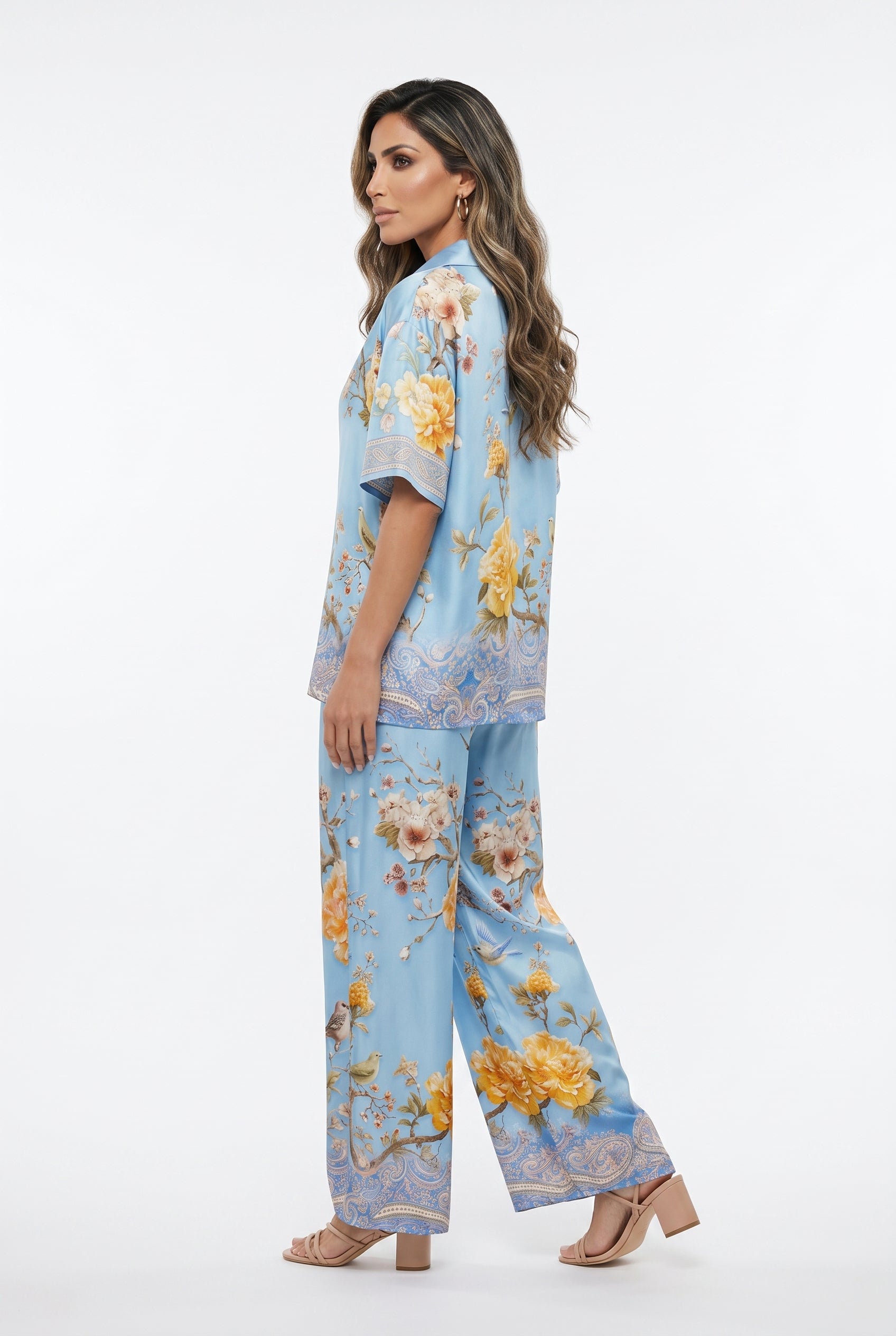 KD7607VS Floral Bird Print Satin Set - Brown Loft