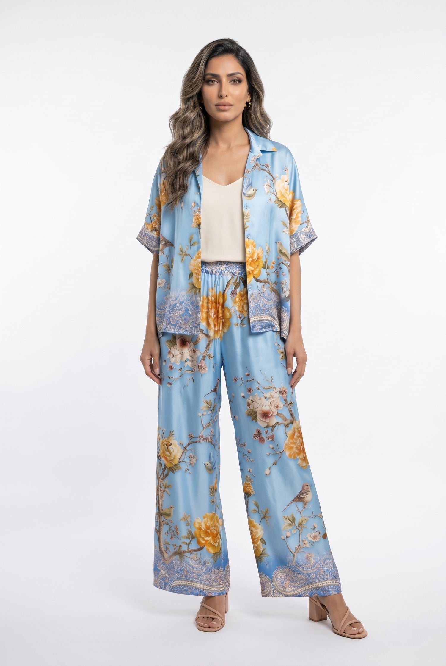 KD7607VS Floral Bird Print Satin Set - Brown Loft