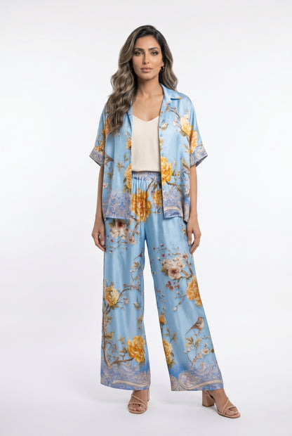 KD7607VS Floral Bird Print Satin Set - Brown Loft