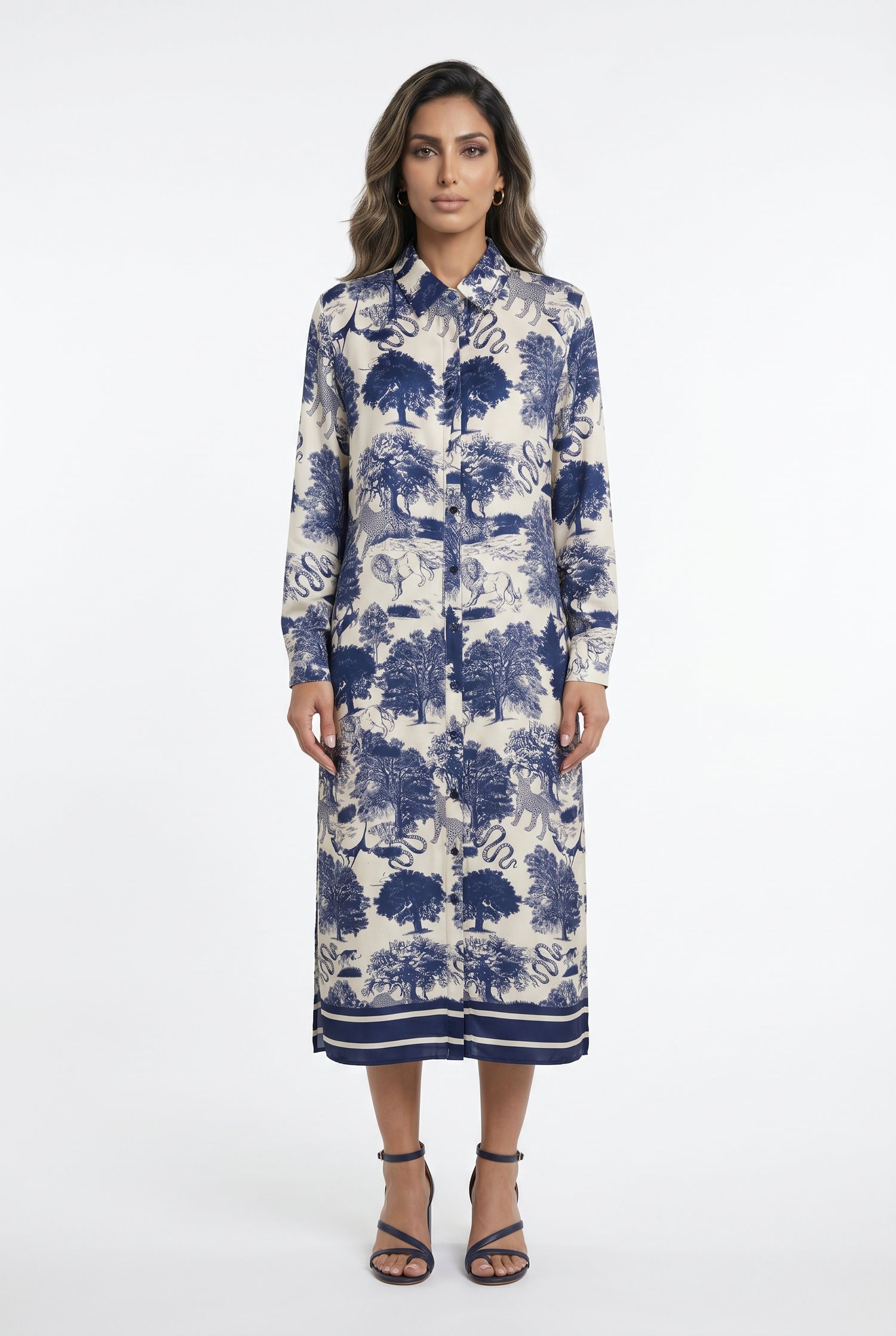 KD6255VS Dream Forest Safari Print Satin Long Dress - Brown Loft