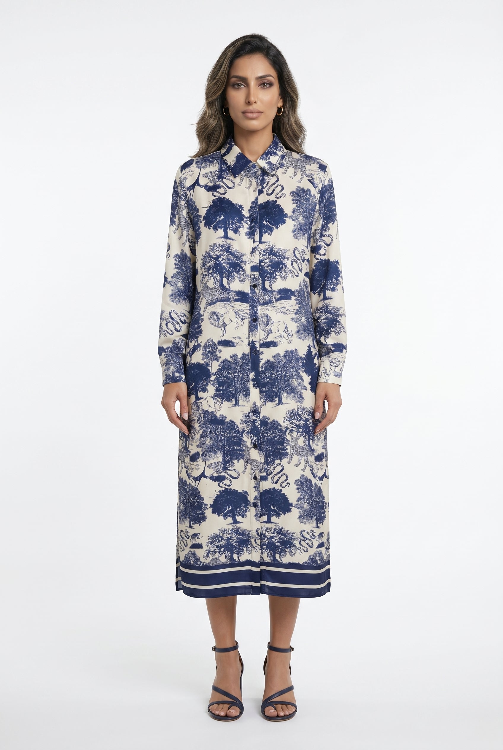 KD6255VS Dream Forest Safari Print Satin Long Dress - Brown Loft