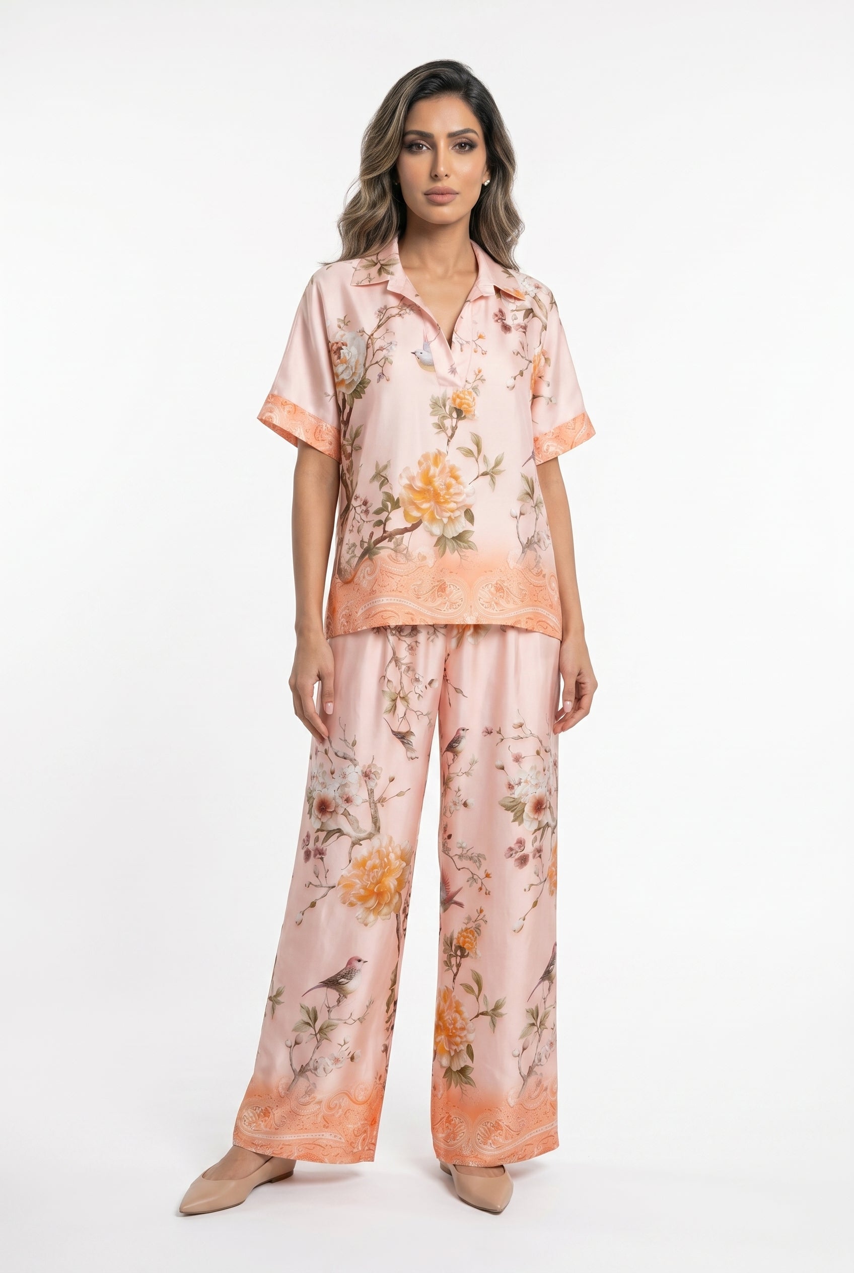 KD7607VS Floral Bird Print Satin Set - Brown Loft