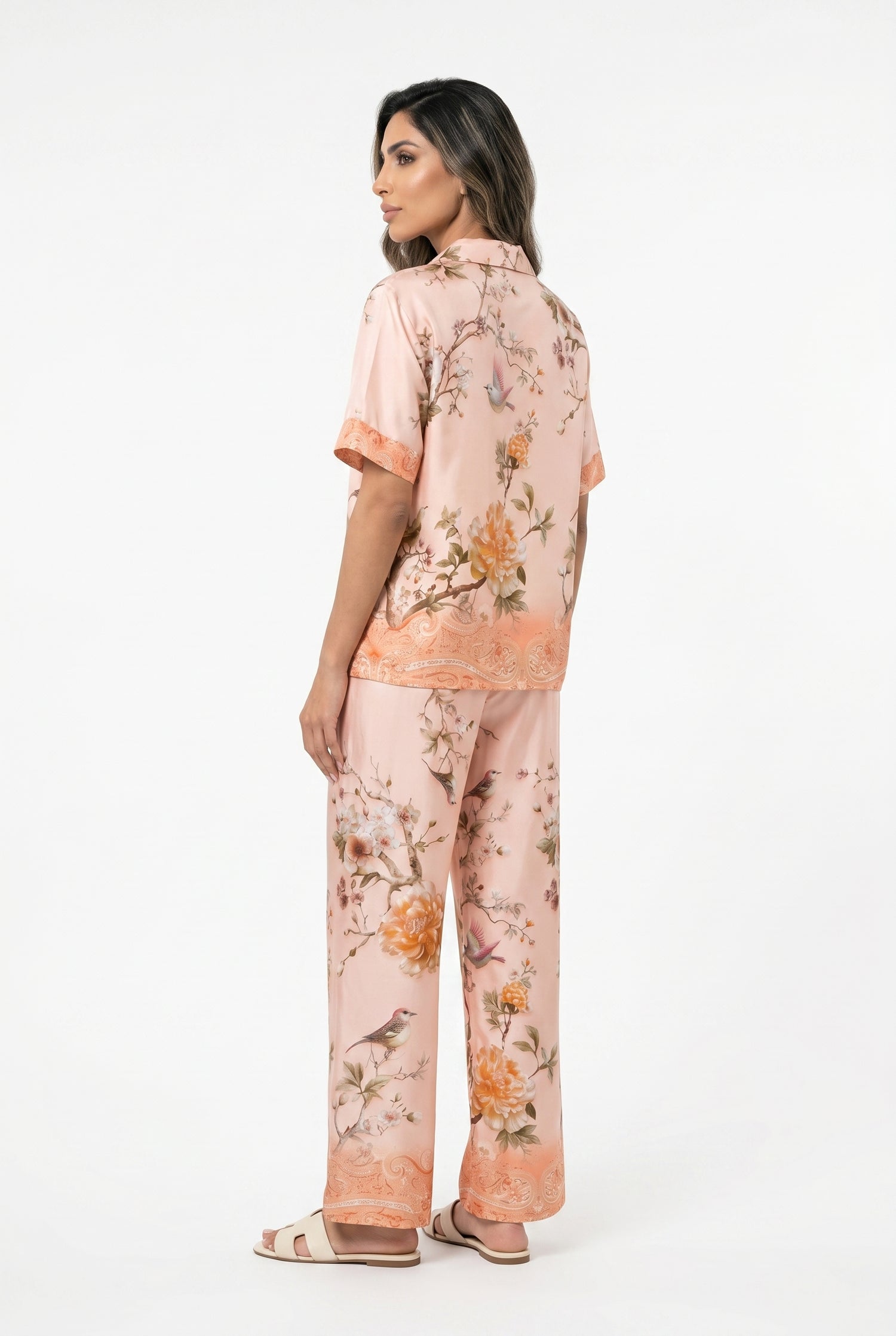 KD7607VS Floral Bird Print Satin Set - Brown Loft