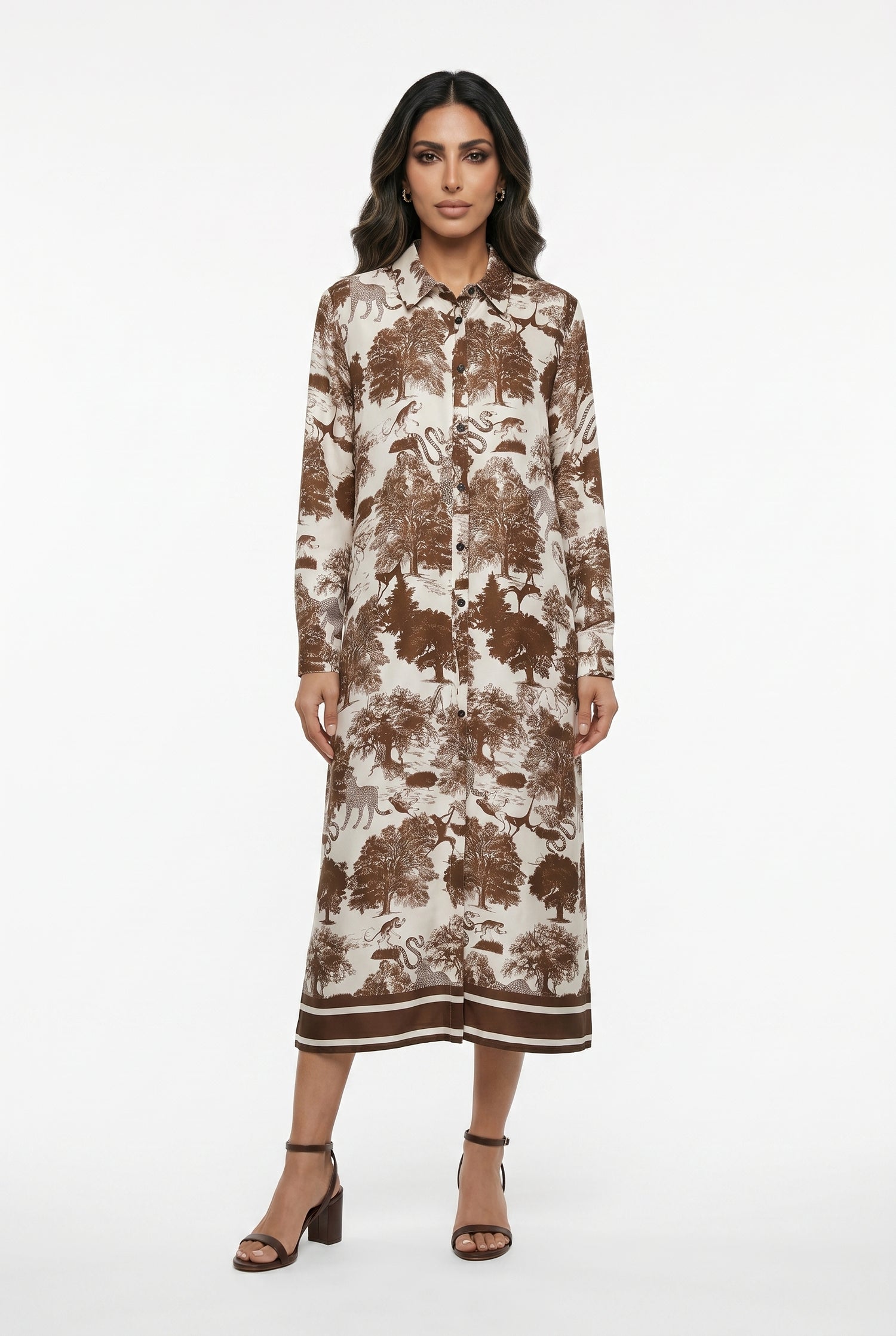 KD6255VS Dream Forest Safari Print Satin Long Dress - Brown Loft