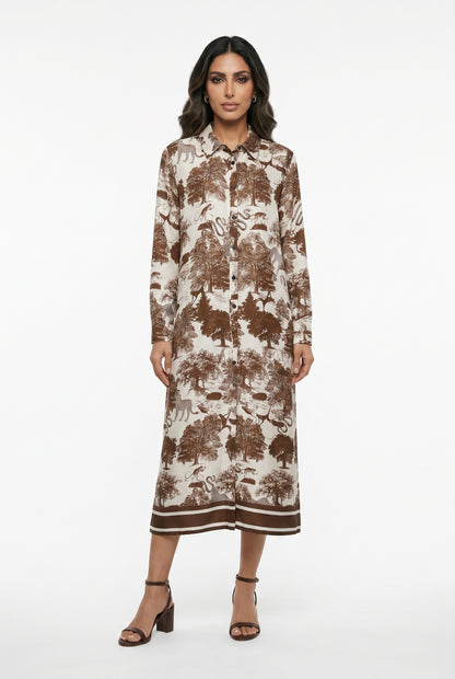 KD6255VS Dream Forest Safari Print Satin Long Dress - Brown Loft
