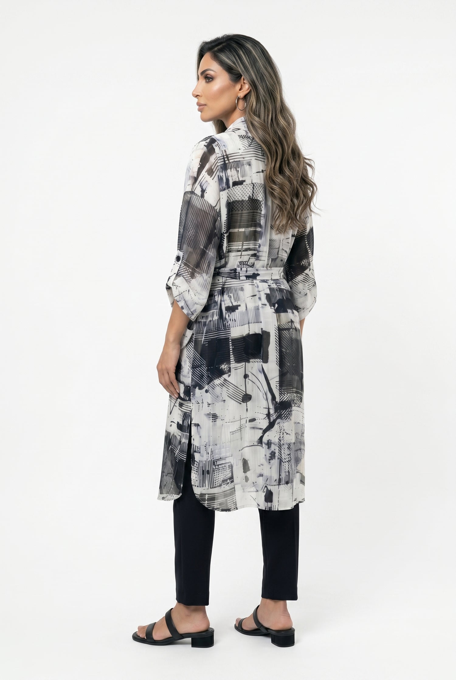 Monochrome Printed Long Kimono 26SS-BZ1112 - Brown Loft