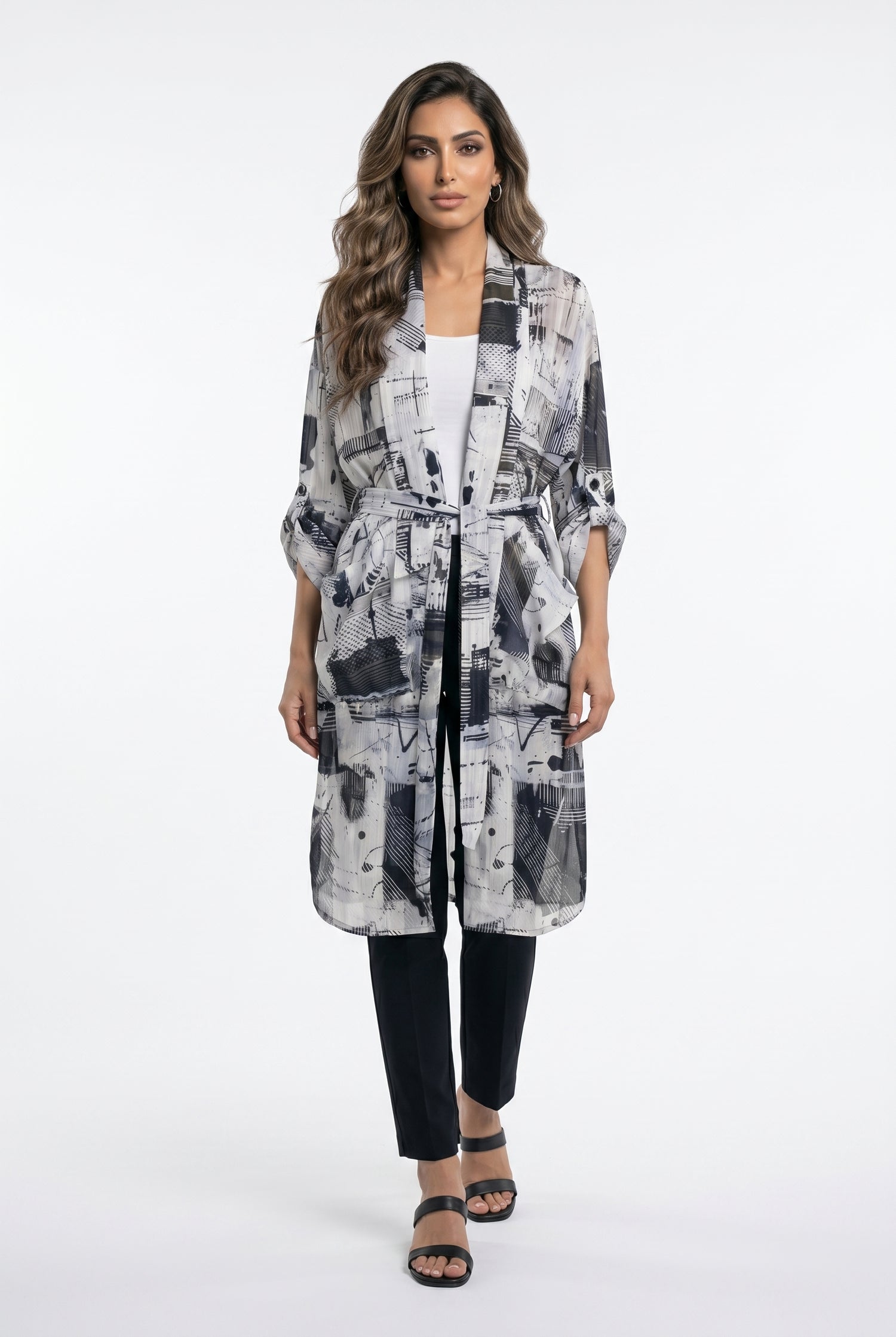 Monochrome Printed Long Kimono 26SS-BZ1112 - Brown Loft