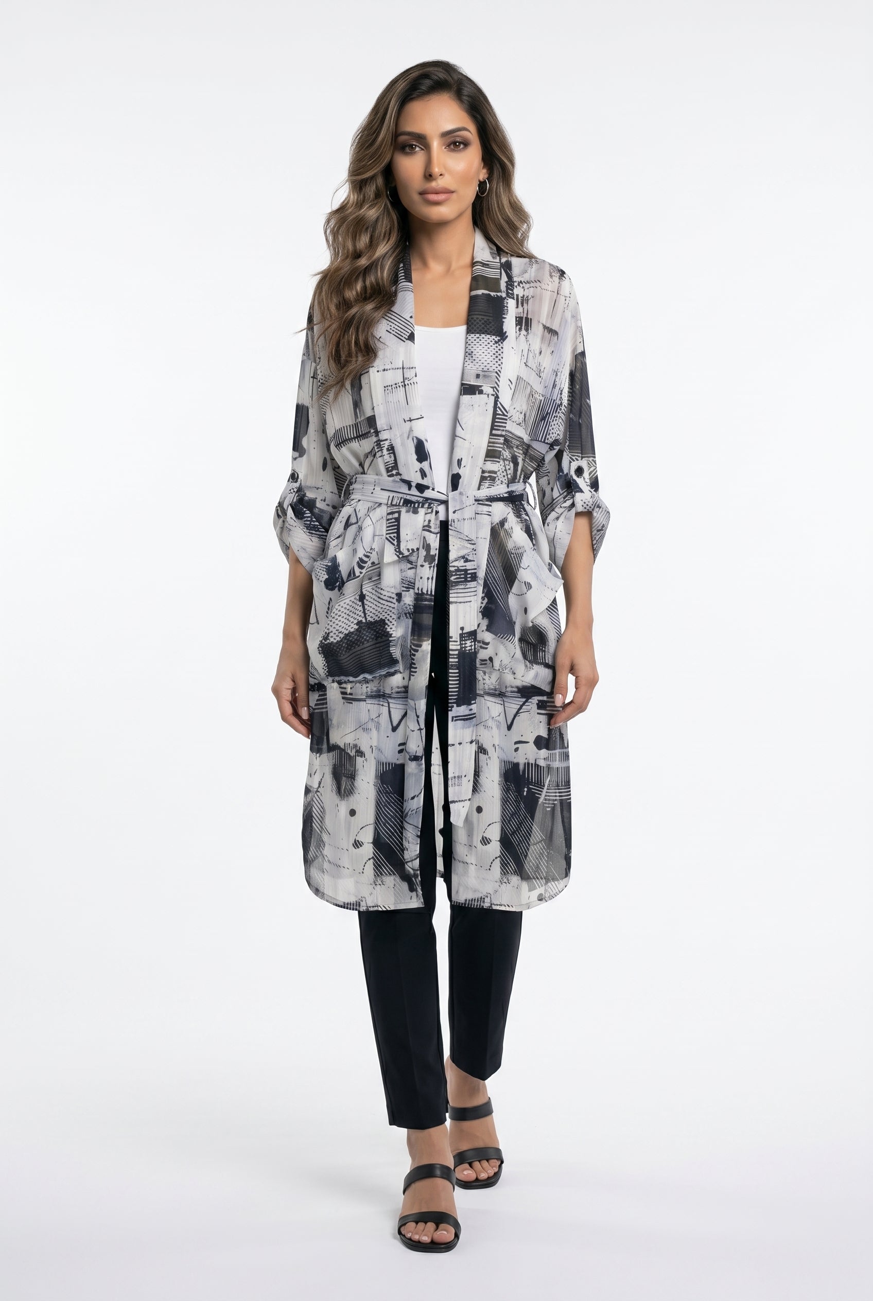 Monochrome Printed Long Kimono 26SS-BZ1112 - Brown Loft