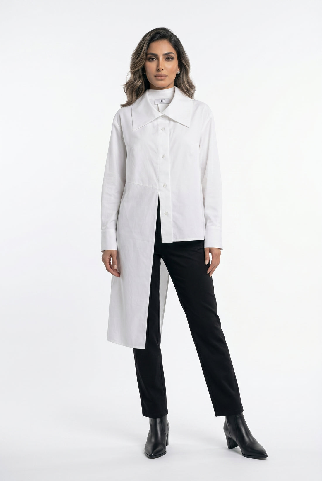 Asymmetrical Longline White Shirt 26SS-BZ352 - Brown Loft