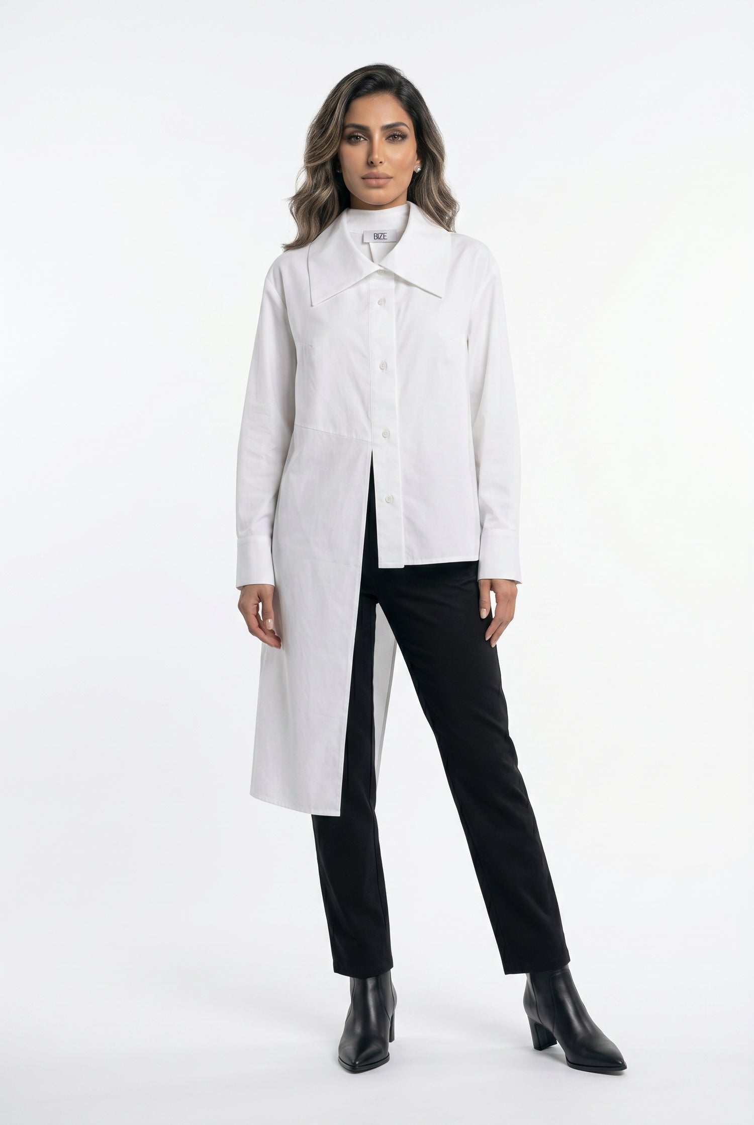 Asymmetrical Longline White Shirt 26SS-BZ352 - Brown Loft