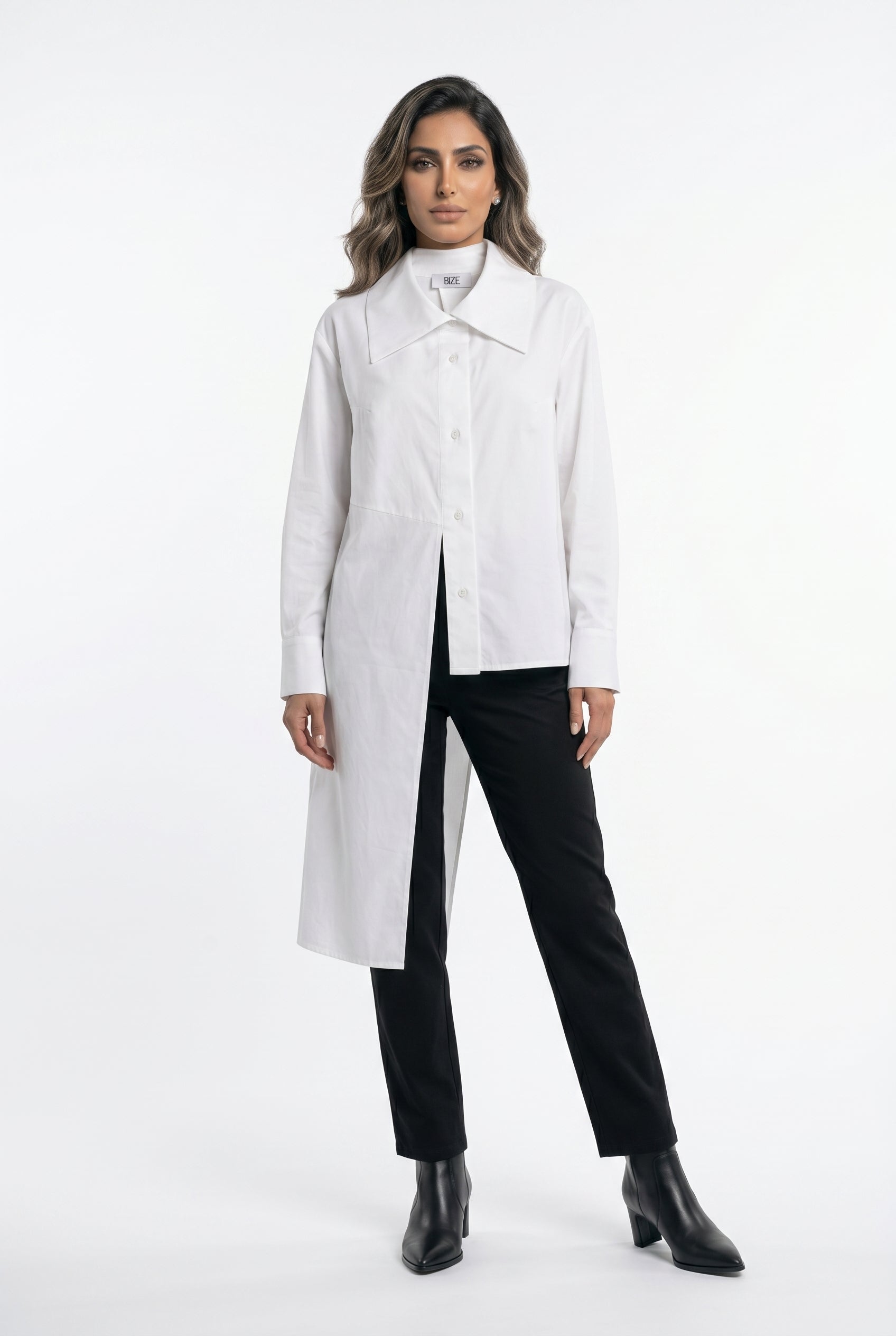 Asymmetrical Longline White Shirt 26SS-BZ352 - Brown Loft