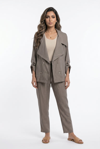 26SS-BC5098/7064 Wide Lapel Cropped Tencel Jacket &amp; Pants Set - Brown Loft