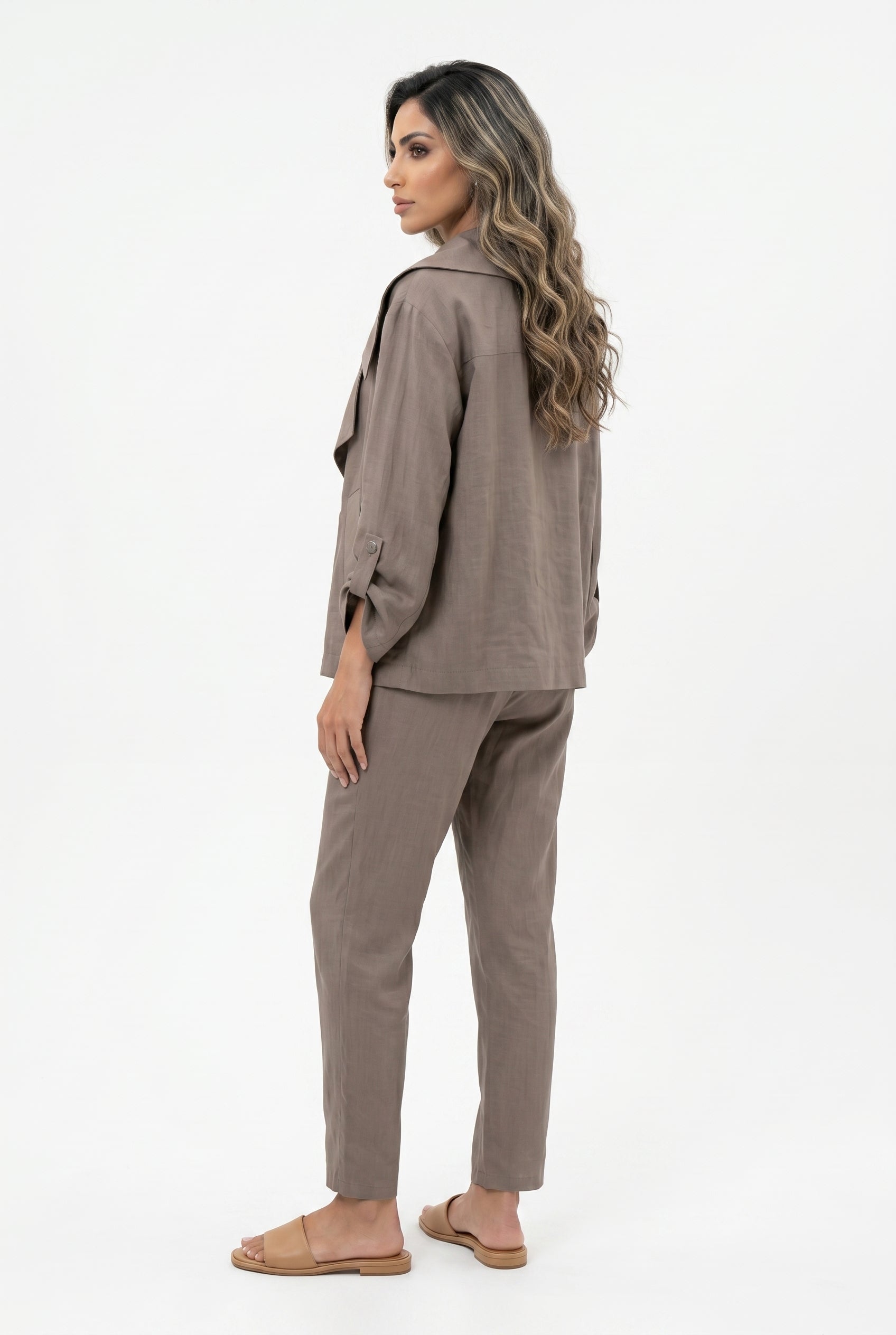 26SS-BC5098/7064 Wide Lapel Cropped Tencel Jacket &amp; Pants Set - Brown Loft