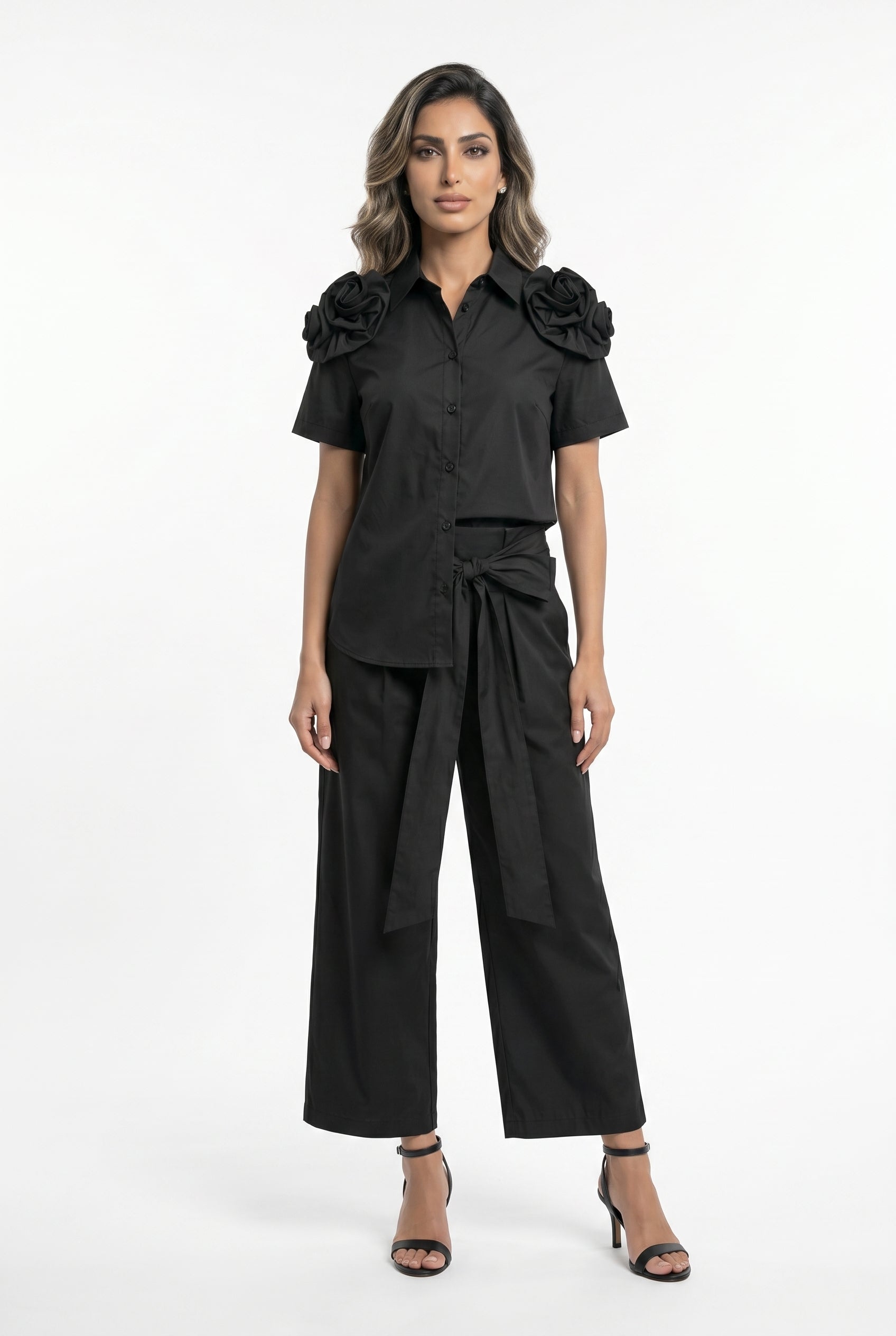26SS-BK8015/8614 Classic Collared Shirt &amp; High Waist Pants Set - Brown Loft