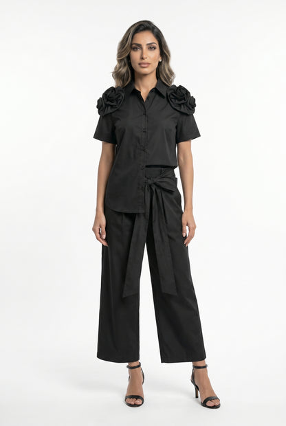 26SS-BK8015/8614 Classic Collared Shirt &amp; High Waist Pants Set - Brown Loft