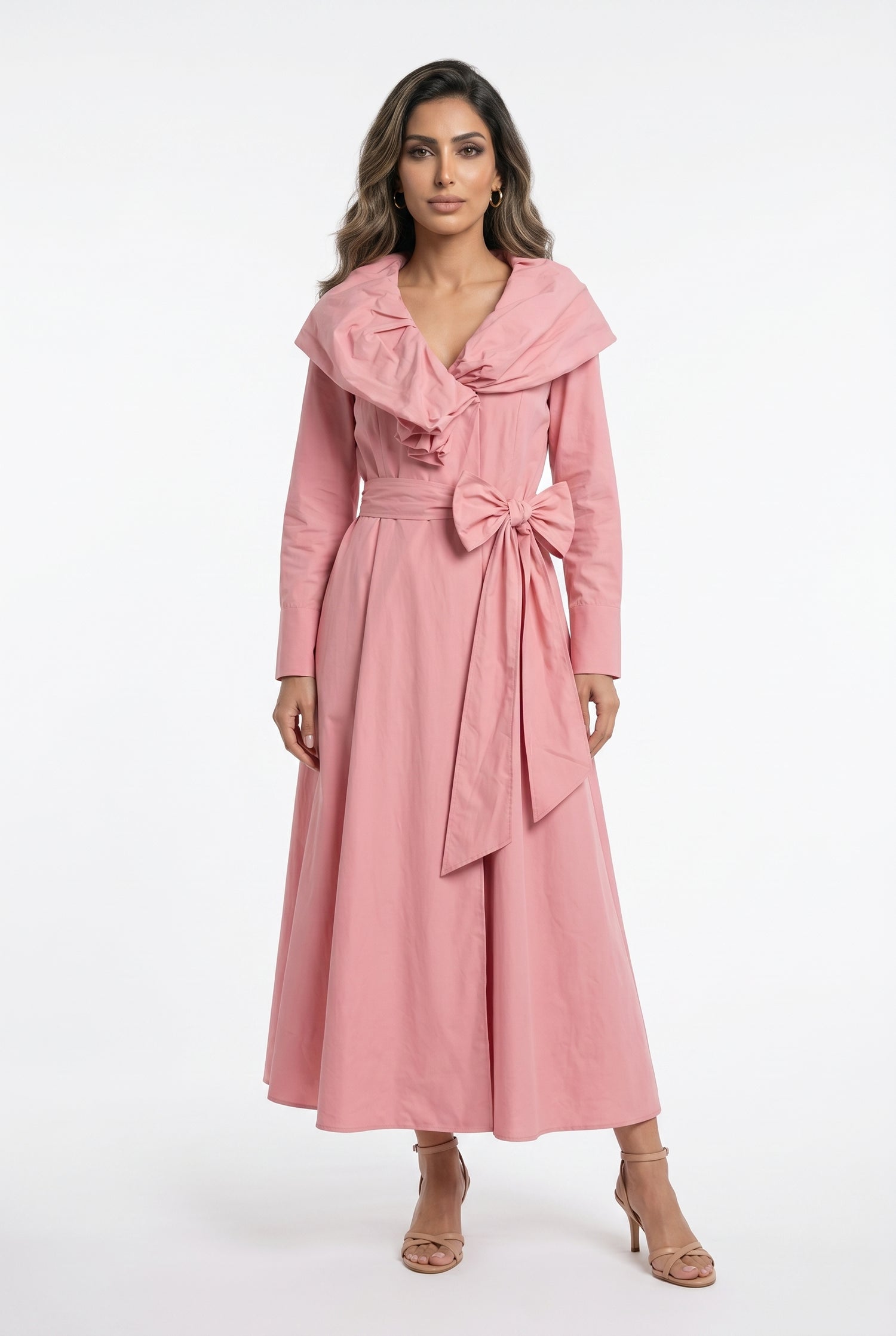 26SS-BC6015 Sculptural Ruffle Collared Wrap Dress - Brown Loft