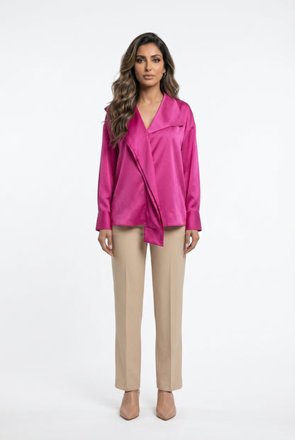 26SS-BZ351 Drape Neck Collared Top - Brown Loft