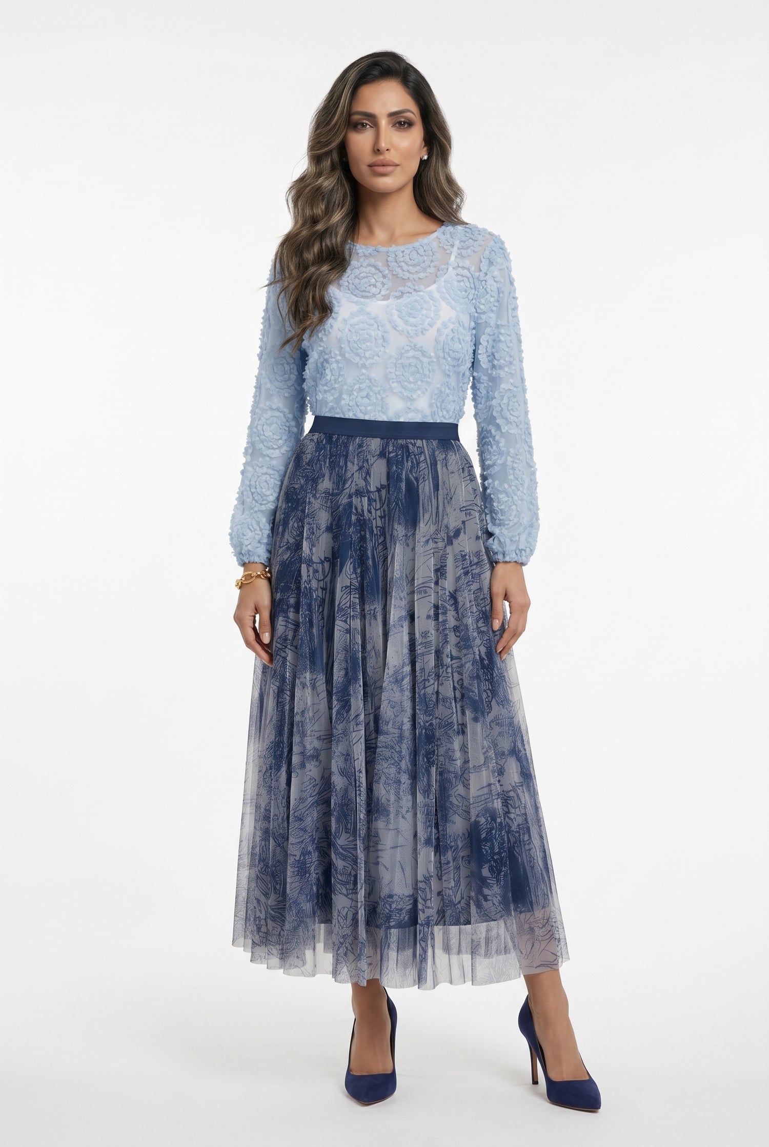 08202-1 Long Tulle Skirt تنورة تول طويلة بطبعة تجريدية