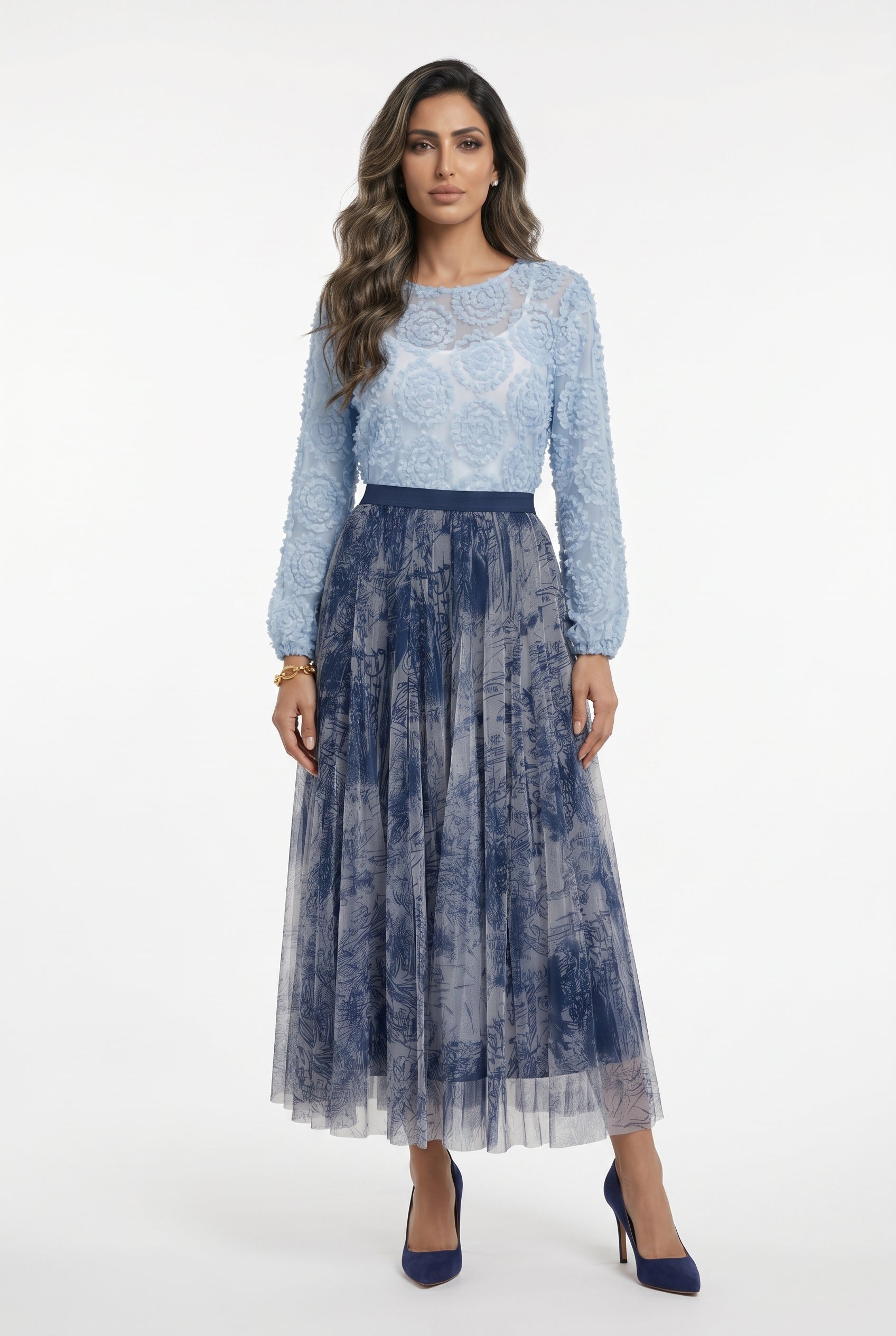 08202-1 Long Tulle Skirt تنورة تول طويلة بطبعة تجريدية