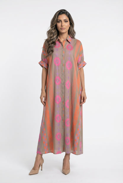Icaria Fluor Geometric Ikat Patterned Oversized Dress - Brown Loft