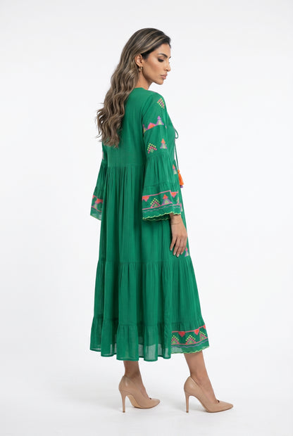 Apolo Embroidered Long Tiered Dress - Brown Loft