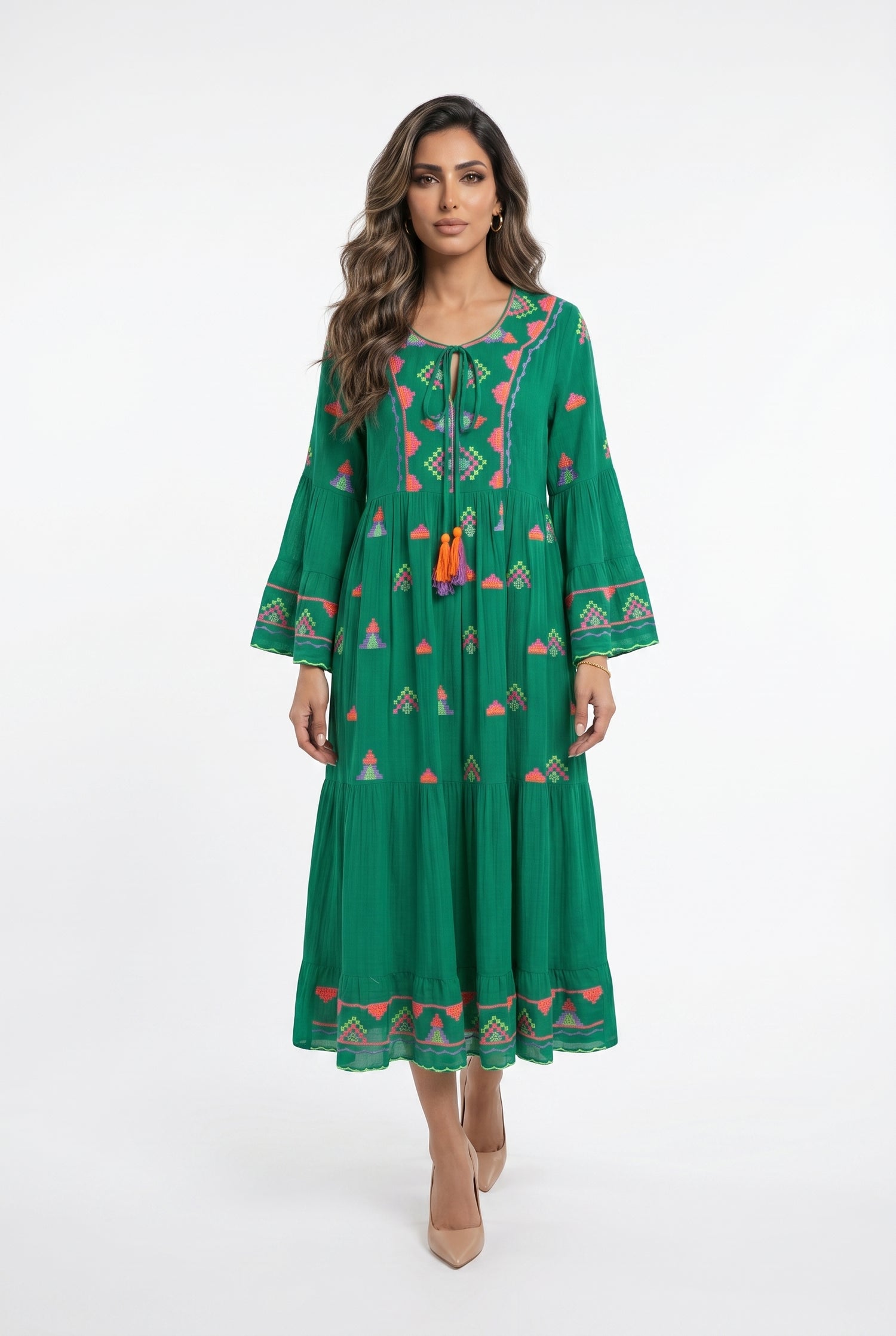 Apolo Embroidered Long Tiered Dress - Brown Loft