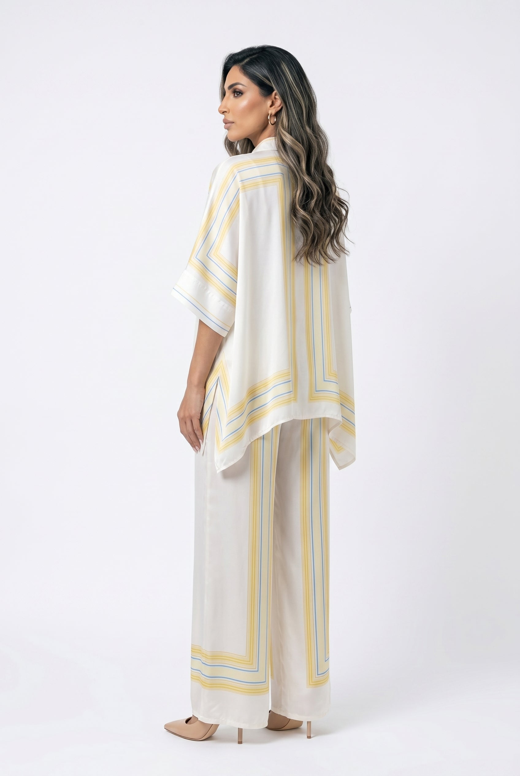 KD8871/9099-7 Ticking Stripe Satin Cape Shirt and Pants قميص وبنطال من الساتان المخطط - Brown Loft