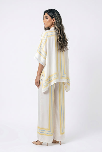 KD8871/9099-7 Ticking Stripe Satin Cape Shirt and Pants قميص وبنطال من الساتان المخطط - Brown Loft