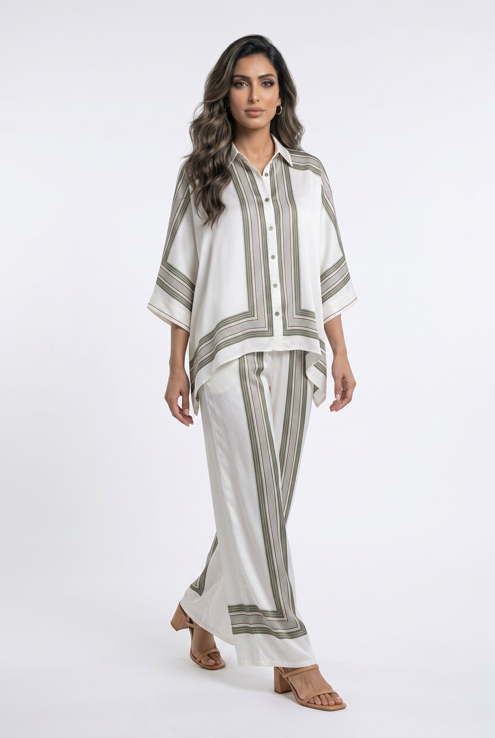 KD8871/9099-7 Ticking Stripe Satin Cape Shirt and Pants قميص وبنطال من الساتان المخطط - Brown Loft