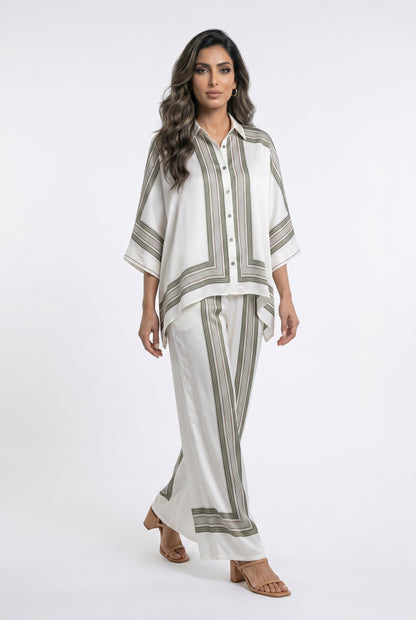 KD8871/9099-7 Ticking Stripe Satin Cape Shirt and Pants قميص وبنطال من الساتان المخطط - Brown Loft