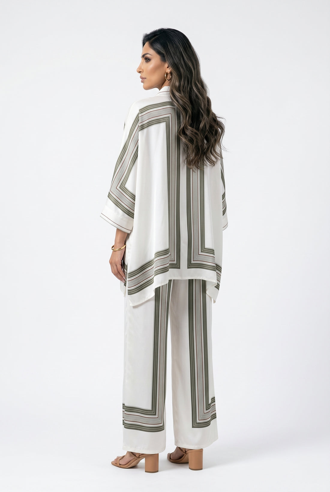 KD8871/9099-7 Ticking Stripe Satin Cape Shirt and Pants قميص وبنطال من الساتان المخطط - Brown Loft