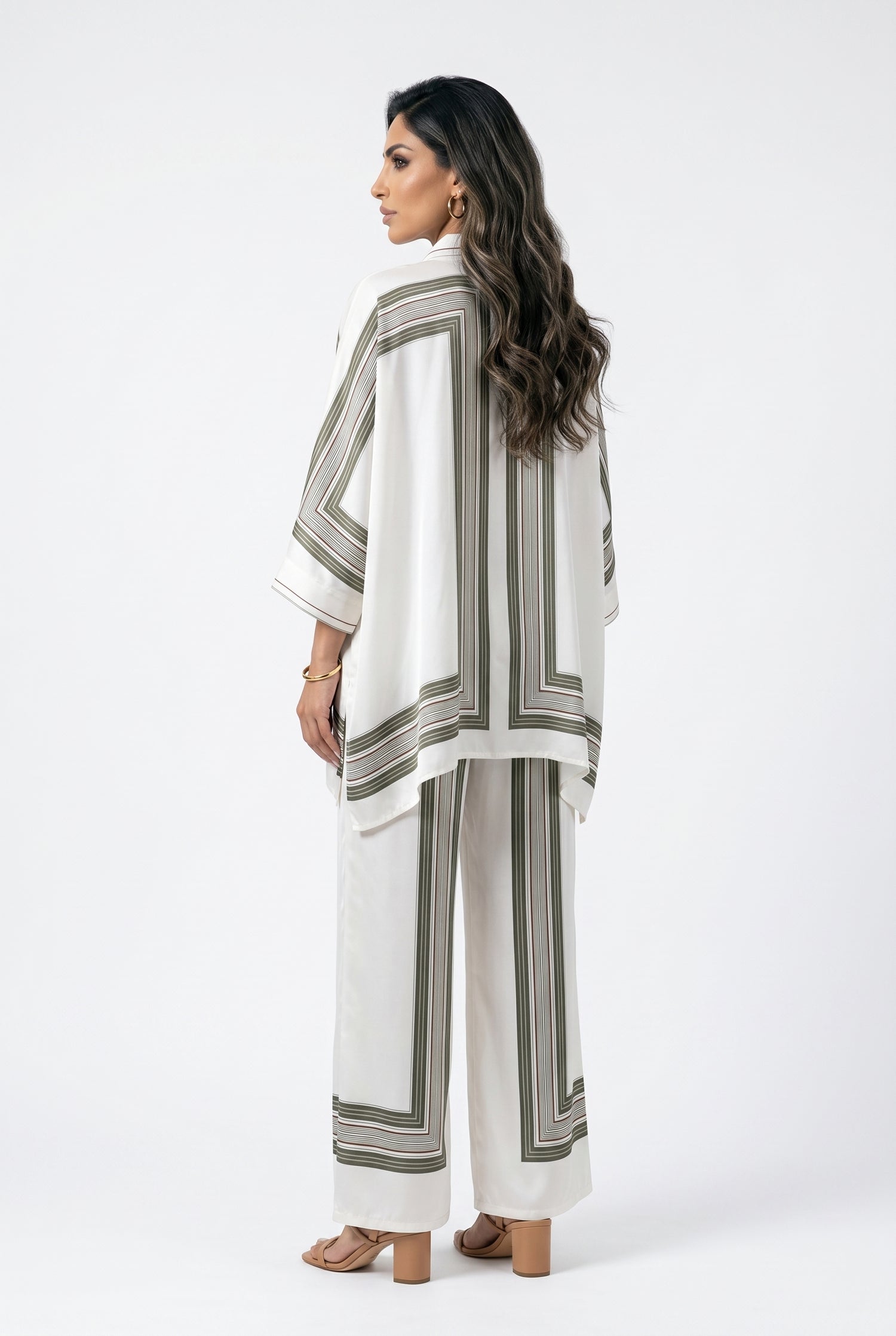 KD8871/9099-7 Ticking Stripe Satin Cape Shirt and Pants قميص وبنطال من الساتان المخطط - Brown Loft