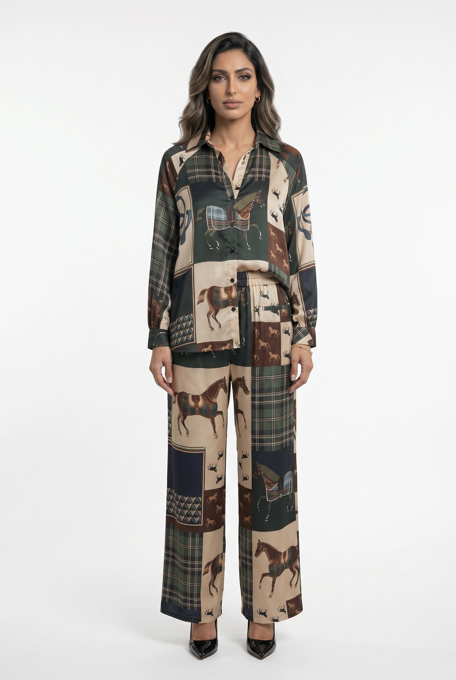KD9966/6637-30 Equestrian Printed Satin Top and Pants - Brown Loft