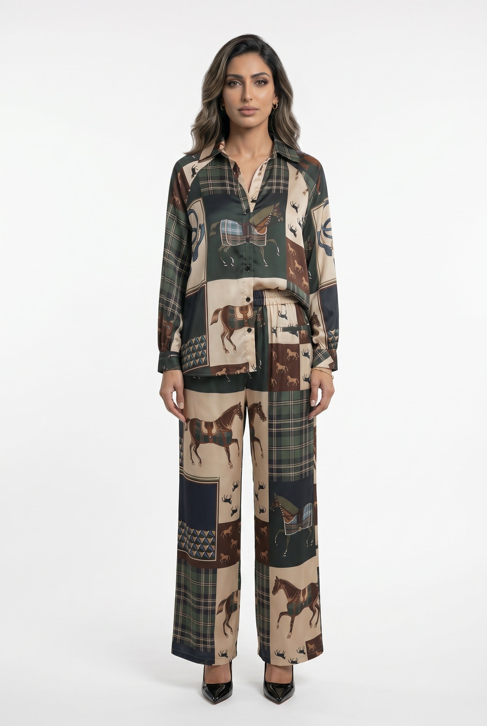 KD9966/6637-30 Equestrian Printed Satin Top and Pants - Brown Loft