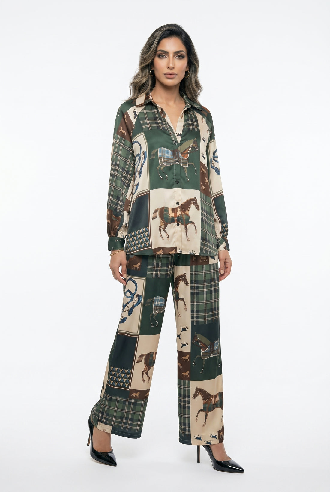 KD9966/6637-30 Equestrian Printed Satin Top and Pants - Brown Loft