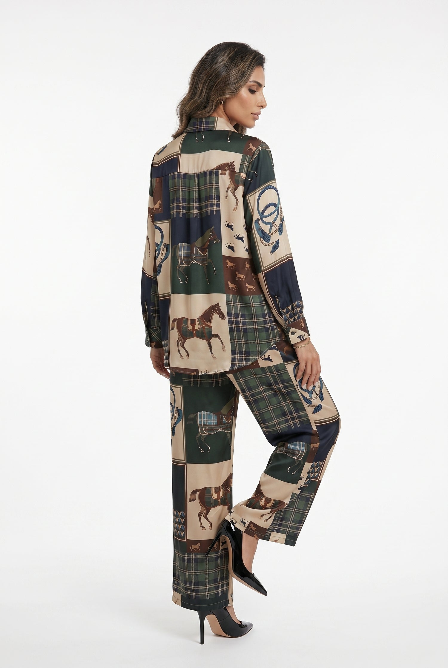KD9966/6637-30 Equestrian Printed Satin Top and Pants - Brown Loft