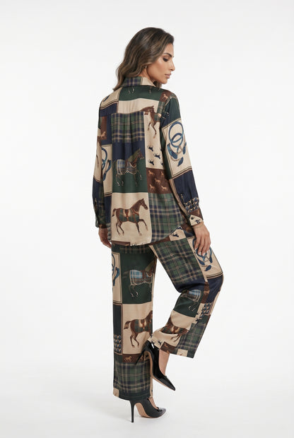KD9966/6637-30 Equestrian Printed Satin Top and Pants - Brown Loft