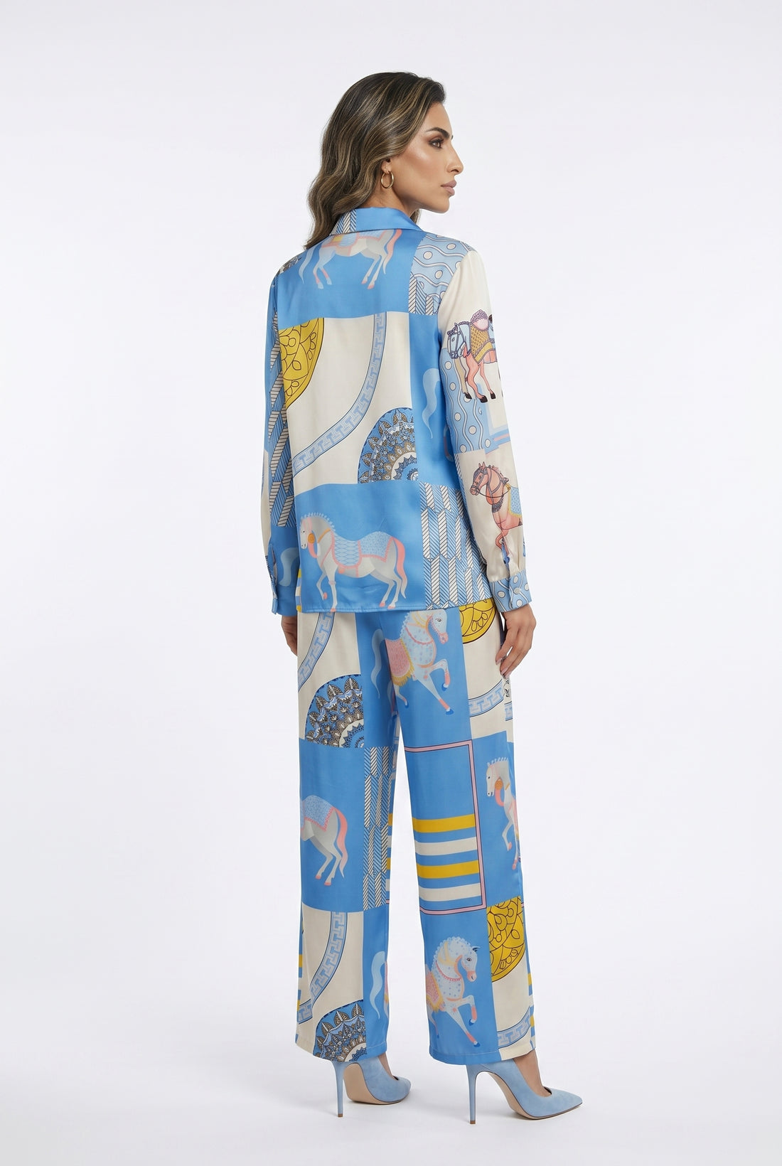 KD9966/6637-20 Equestrian Printed Satin Top and Pants - Brown Loft