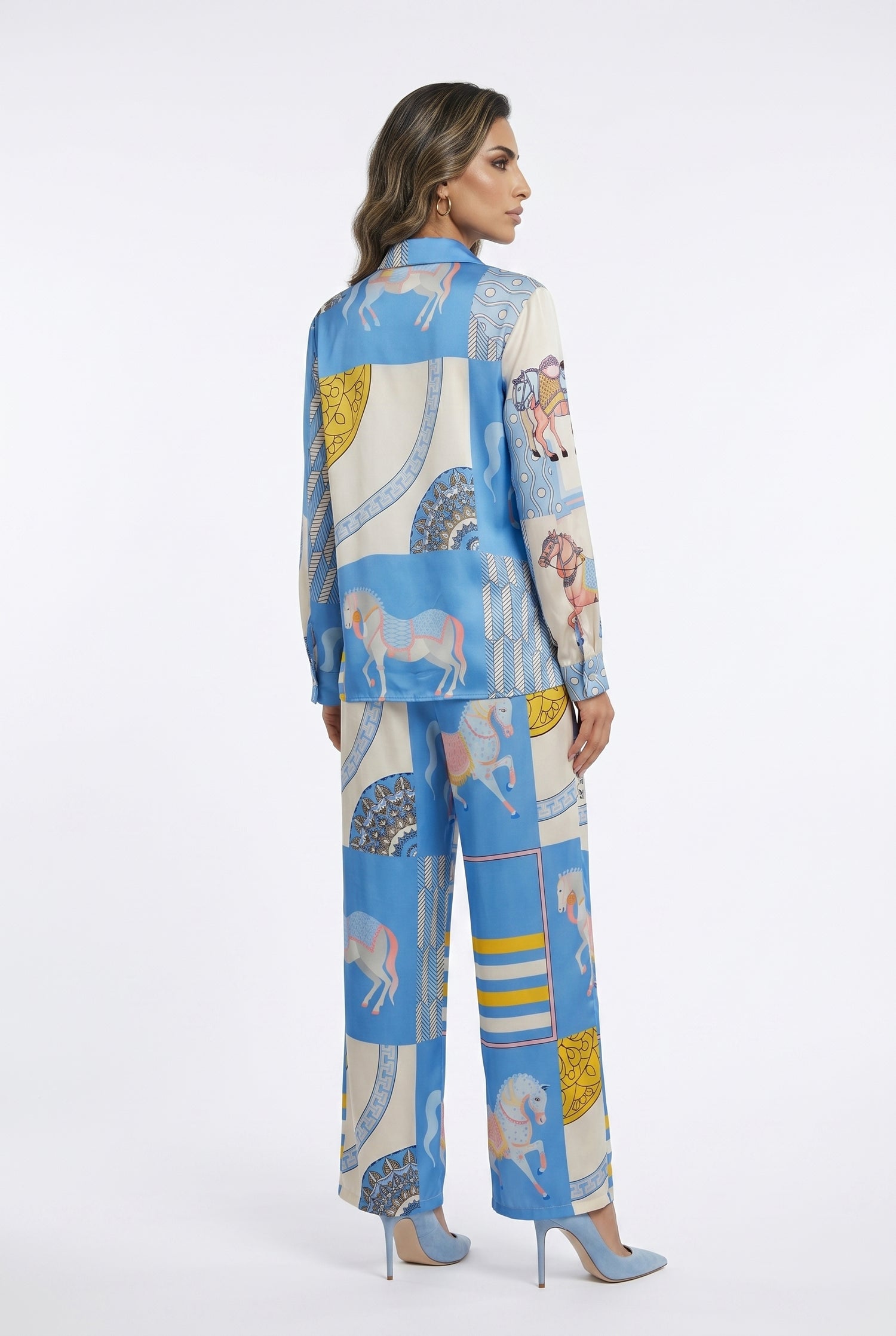 KD9966/6637-20 Equestrian Printed Satin Top and Pants - Brown Loft
